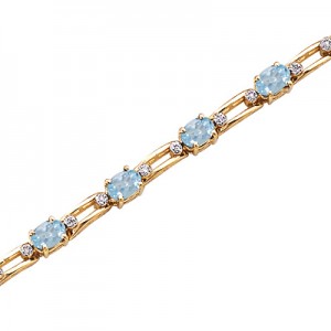 14K Yellow Gold Oval Aquamarine and Diamond Bracelet