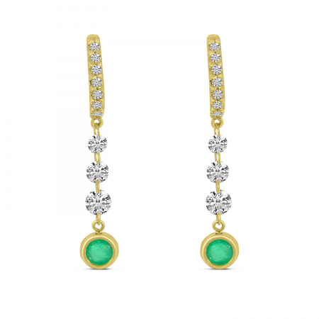 14K Yellow Gold Dashing Diamond Emerald Bezel Dangle Earrings