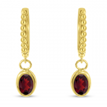 14K Yellow Gold Oval Garnet Dangle Textured Huggie Earrings