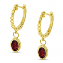 14K Yellow Gold Oval Garnet Dangle Textured Huggie Earrings