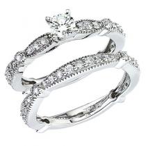 14K White Gold Qpid Antique Bridal 1 Ct Diamond Ring Set