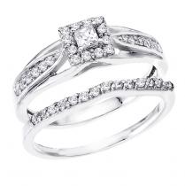 14K White Gold .47 Ct Diamond Princess Halo Bridal Ring Set