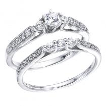 14K White Gold Qpid .33 Ct Three Stone Diamond Bridal Ring Set