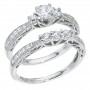14K White Gold Qpid .76 Ct Three Stone Bridal Ring Set