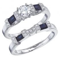 14K White Gold Qpid .58 Ct Diamond and Baguette Sapphire Bridal Ring Set