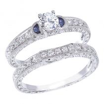 14K White Gold Qpid .50 Ct Diamond and Half Moon Sapphire Bridal Ring Set