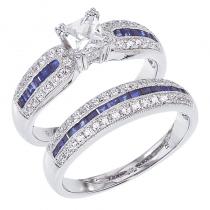 14K White Gold Qpid .70 Ct Princess Diamond and .84 Ct Princess Sapphire Bridal