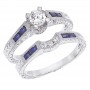 14K White Gold Qpid .48 Ct Diamond and .56 Ct Baguette Sapphire Bridal Ring Set