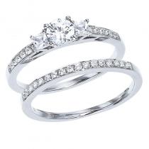 14K White Gold Qpid .66 Ct Diamond Three Stone Bridal Ring Set