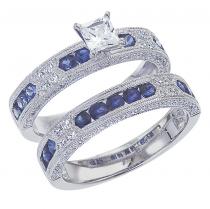 14K White Gold Qpid .77 Ct Diamond and 1.38 Ct Sapphire Bridal Ring Set