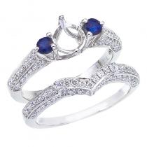 14K White Gold Qpid .68 Ct Diamond and Sapphire Three Stone Semi Mount Bridal Ri