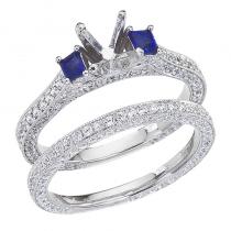 14K White Gold Qpid .85 Ct Diamond and Cushion Sapphire Bridal Ring Set