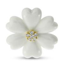 14K Yellow Gold Diamond White Ceramic Floral Pendant