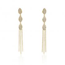 14K Yellow Gold Three Leaf Triple Chain Drop Diamond Fashion Earrings