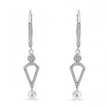 14K White Gold Diamond Leverback and Pearl Dangle Earrings