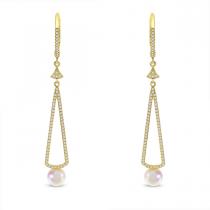 14K Yellow Gold Diamond Leverback and Pearl Long Dangle Earrings