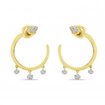 14K Yellow Gold Dashing Diamond Pear Front Hoop Three stone pierced Earrings