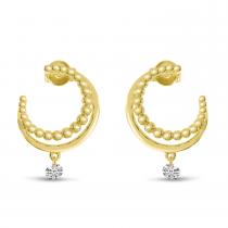 14K Yellow Gold Dashing Diamond Gold Beaded Front Hoop Single Pierced Diamond Earrings