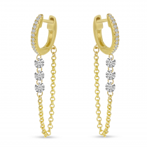 14K Yellow Gold Dashing Diamond Triple Diamond Chain Huggie Earrings