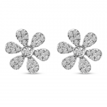 14K White Gold Small Diamond Pave Flower Stud Earrings