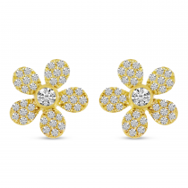 14K Yellow Gold Diamond Pave Flower Stud Earrings