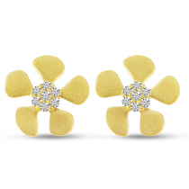 14K Yellow Gold Brushed Gold Diamond Flower Earrings
