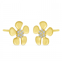14K Yellow Gold Brushed Gold Diamond Flower Earrings
