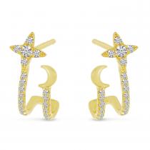 14K Yellow Gold Star & Moon Diamond Cuff Earrings