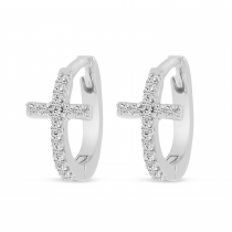 14K White Gold Diamond Cross Huggie Earrings