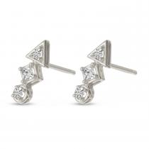 14K White Gold Triple Diamond Bar Geo Stud Earrings