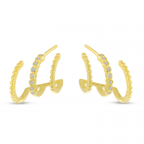 14K Yellow Gold Diamond Beaded Triple Row Huggie Earrings