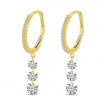 14K Yellow Gold Dashing Diamond 3-Stone Drop Huggie Earrings
