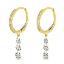 14K Yellow Gold Dashing Diamond 3-Stone Drop Huggie Earrings