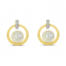 14K Yellow Gold Pearl and Diamond Frontal Hoop Earrings