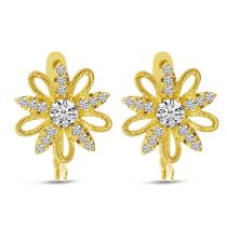 14K Yellow Gold Diamond Floral Milgrain Huggie