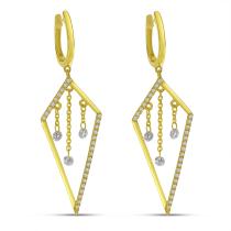 14K Yellow Gold Dashing Diamond Kite Shape Dangle Chain Link Earrings
