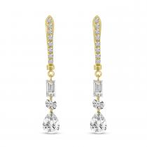 14K Yellow Gold Dashing Diamond Baguette, Round and Pear Diamond Drop Earrings