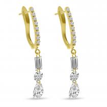 14K Yellow Gold Dashing Diamond Baguette, Round and Pear Diamond Drop Earrings