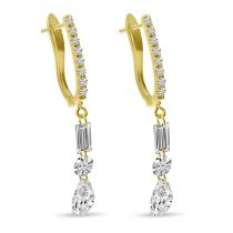 14K Yellow Gold Dashing Diamond Baguette, Round and Pear Diamond Drop Earrings