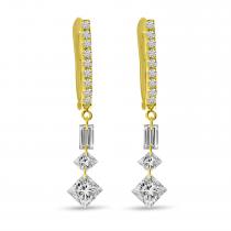 14K Yellow Gold Dashing Diamond Baguette and Princess Diamond Drop Earrings