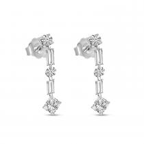14K White Gold Dashing Diamond Round, Baguette and Princess Diamond Dangle Earrings