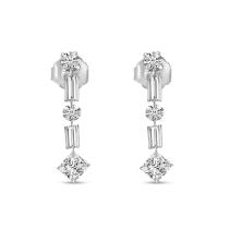 14K White Gold Dashing Diamond Round, Baguette and Princess Diamond Dangle Earrings