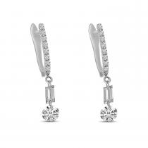 14K White Gold Dashing Diamond Round and Baguette Diamond Dangle Earrings