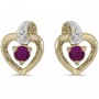 10k Yellow Gold Round Ruby And Diamond Heart Earrings