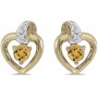 10k Yellow Gold Round Citrine And Diamond Heart Earrings