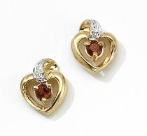 14k Yellow Gold Round Garnet And Diamond Heart Earrings