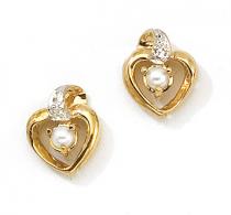 14k Yellow Gold Pearl And Diamond Heart Earrings