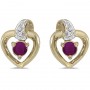14k Yellow Gold Round Ruby And Diamond Heart Earrings