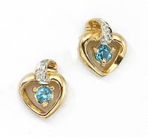 14k Yellow Gold Round Blue Topaz And Diamond Heart Earrings