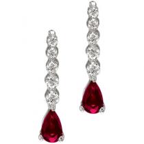 14K White Gold Graduated Diamond and Pear Ruby Drop Earrings